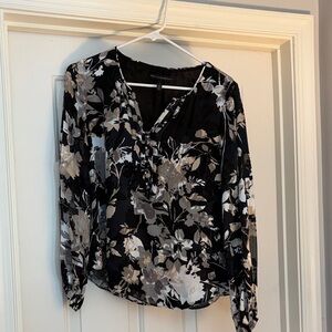 White House Black Market Black and Gray Floral Blouse